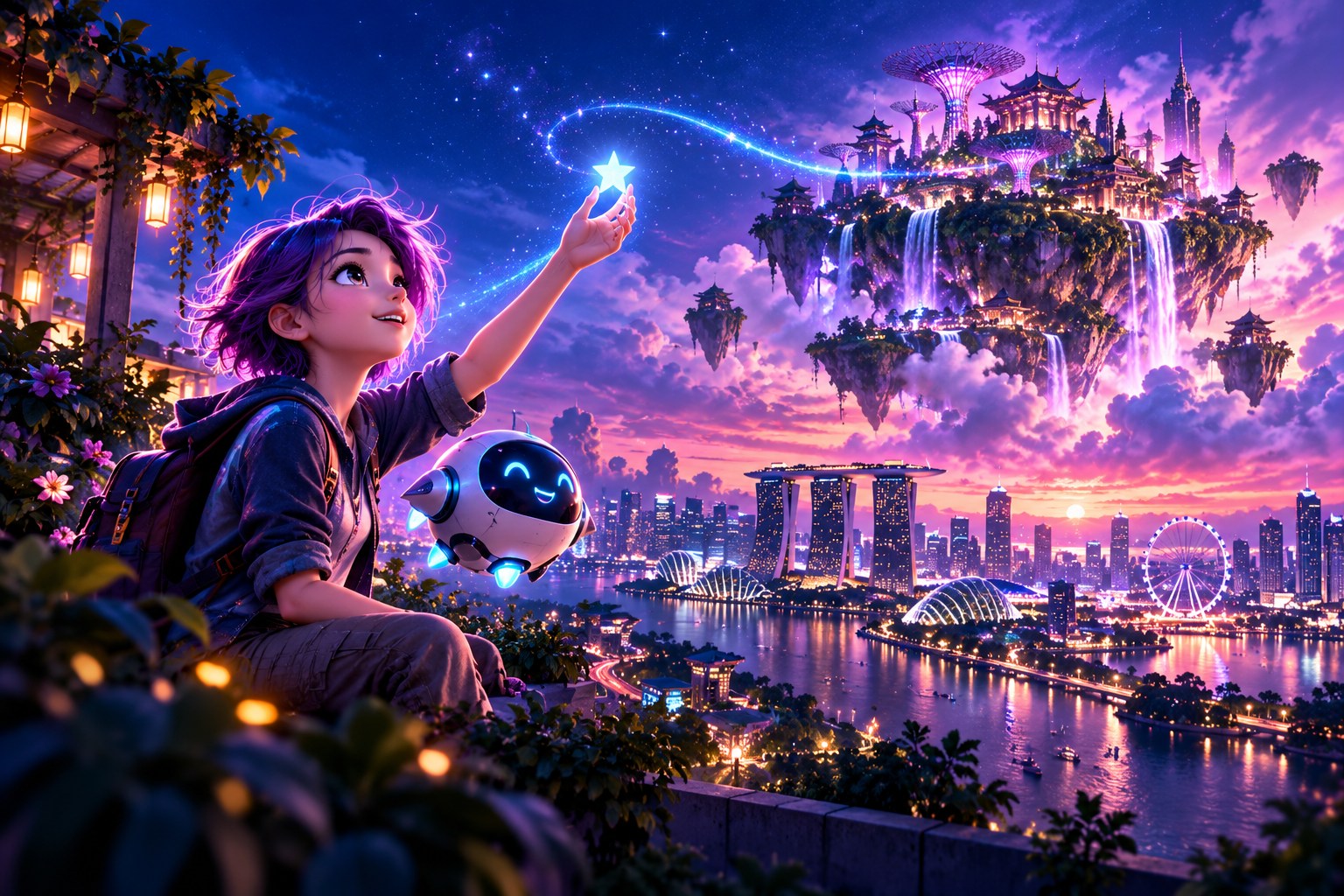 Animated explorer and friendly robot discovering a glowing star and a floating garden city